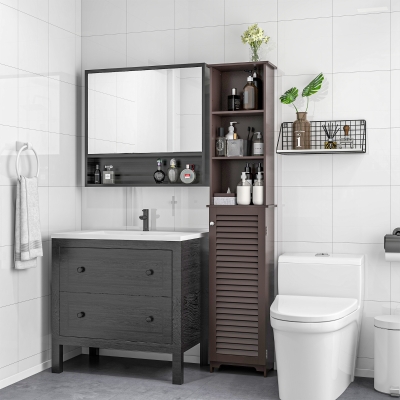 HOMCOM Tall Bathroom Storage Cabinet, Freestanding Linen Tower with 3-Tier Open Adjustable Shelf, Dark Brown