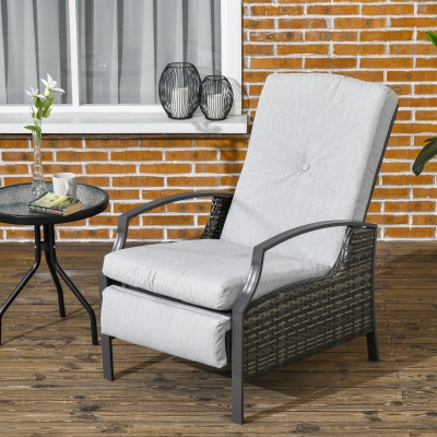 Outsunny Outdoor Rattan Recliner Chair, Wicker Reclining Chair with Adjustable Back Retractable Footrest Cushion Light Grey