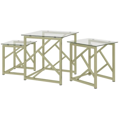 HOMCOM Glass Coffee Table Set of 3, Nest of Tables for Living Room with Tempered Glass Top and Steel Frame, Brushed Gold