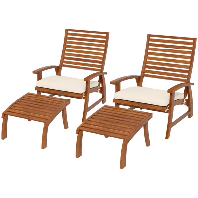 Outsunny 4 PCs Acacia Wood Patio Conversation Set with Footstool and Seat Cushions, Cream White