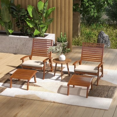 Outsunny 4 PCs Acacia Wood Patio Conversation Set with Footstool and Seat Cushions, Cream White