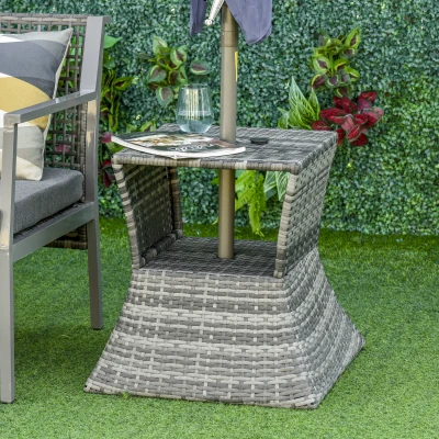 Outsunny Rattan Wicker Side Table, 2-Tier Outdoor Storage, Gray