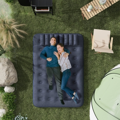 Outsunny Twin Air Mattress, Inflatable Double Air Bed with 2 Pillows, Hand Pump, Flocked Surface for Guest, Camping, Travel, Blue