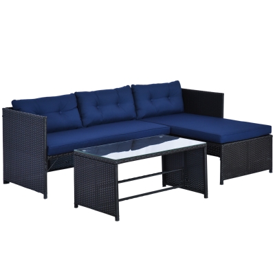 Outsunny 3-Piece Rattan Patio Sofa Set, L-Shaped, Blue