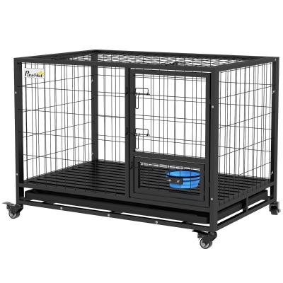 PawHut 43" Heavy Duty Dog Kennel, Black with Wheels & Tray