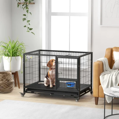 PawHut 43" Heavy Duty Dog Kennel, Black with Wheels & Tray