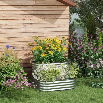 Outsunny 3.4'x3.4'x1' Outdoor Raised Garden Bed, 2-Tier Galvanized Planter Box with Safety Edging for Vegetable, Flower, Fruit