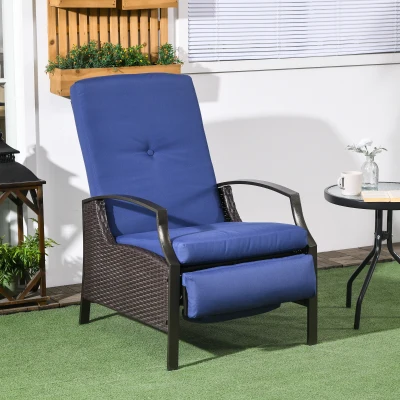 Outsunny Rattan Recliner Chair with Cushions, Dark Blue