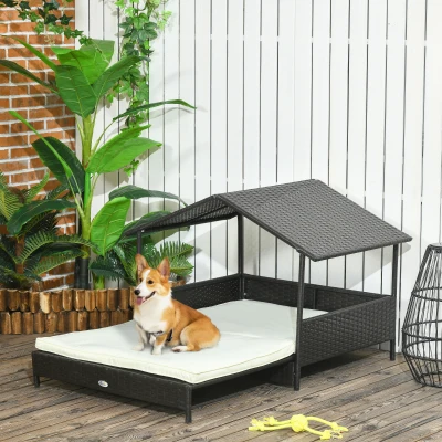 PawHut Extendable Wicker Dog Bed w/ Waterproof Roof, Cream White