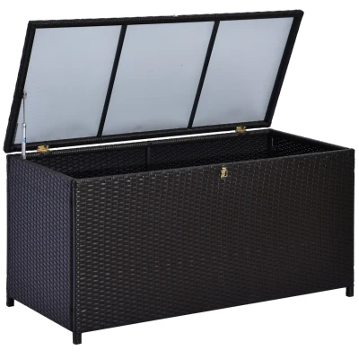 Outsunny Wicker Outdoor Storage Box, 75 Gallon Deck Box with Gas Strut and Clamp Lid, Rattan Patio Storage Container for Gardening Tools, Pool Supplies, Dark Brown