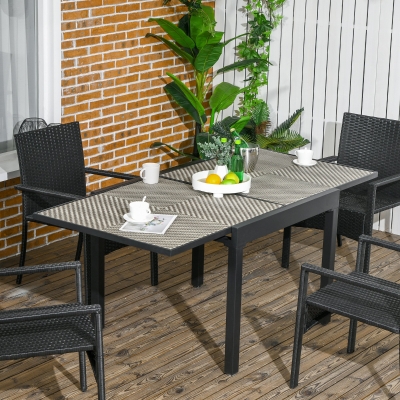 Outsunny Extendable Rattan Dining Table, Patio Retractable Table, Aluminum Frame, 35.4"/70.9" x 35.4", Mixed Brown