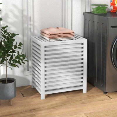 HOMCOM 55L Bamboo Laundry Basket with Lid & Liner Bag, White