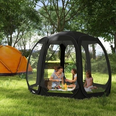 Outsunny 11' x 11.5' Screen Tent, Pop Up Camping Gazebo with Portable Carry Bag and 2 Doors, Black
