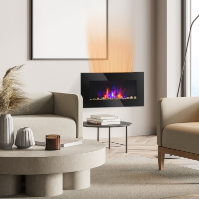 HOMCOM 28.5 Inch Modern Electric Fireplace, Wall Mounted Fireplace with Patented LED Flame Effect and 7 Colors, Black