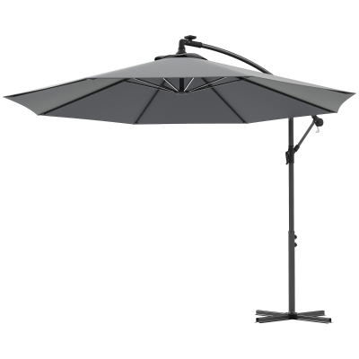 Outsunny 10ft Outdoor Cantilever Hanging Offset Umbrella with Solar LED Lights, Crank, Cross Base, Aluminum Frame, Grey