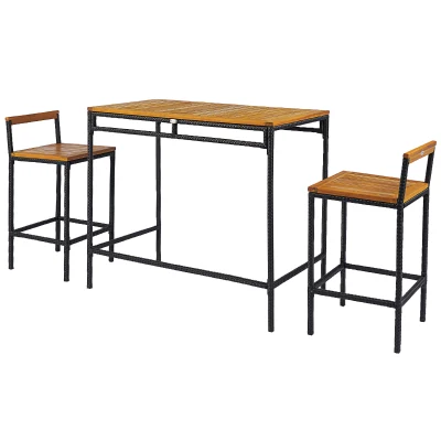 Outsunny 3-Piece Wicker Bar Set, Patio Bar Table Chair w/ Acacia Wood Top, 43.3" x 23.6" x 39.4", Dark Brown
