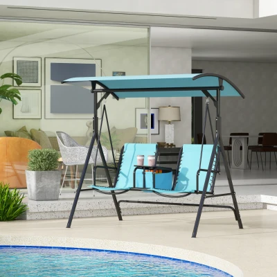 Outsunny 2-Person Porch Swing with Canopy & Storage Table, Blue
