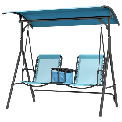 Outsunny 2-Person Porch Swing with Canopy & Storage Table, Blue
