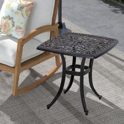 Outsunny 21" Square Outdoor End Table, Cast Aluminum Patio Side Table with Umbrella Hole for Garden, Balcony, Poolside, Bronze
