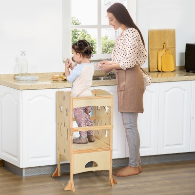 Qaba Folding Toddler Tower, Kitchen Helper Step Stool with Support Handles, Safety Rail and Non-Slip Strips, for Kids Washroom Dining Room Learning, Natural