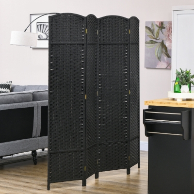 HOMCOM 5.6 Ft Tall Folding Room Divider, 4-panel Portable Privacy Screen, Hand-Woven Partition Wall Divider, Black