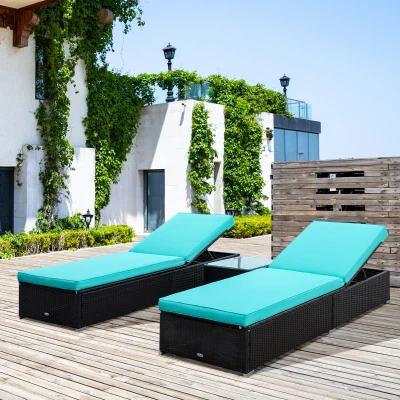 Outsunny 3-Piece Chaise Lounge Set, Turquoise Wicker Poolside
