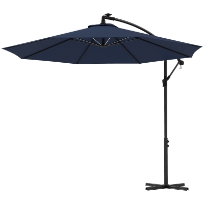 Outsunny 10ft Outdoor Cantilever Hanging Offset Umbrella with Solar LED Lights, Crank, Cross Base, Aluminum Frame, Blue