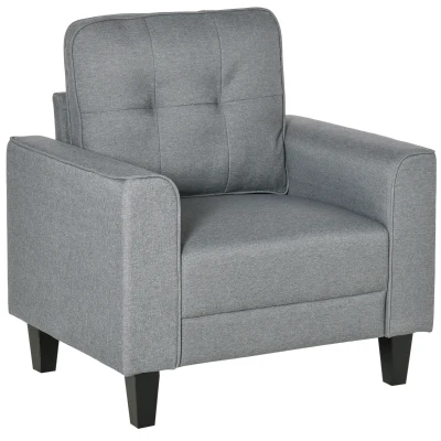 HOMCOM Button Tufted Armchair Modern Single Sofa Chair Upholstered Accent Chair with Rubber Wood Legs and Thick Padding Mid-Back for Living Room and Bedroom, Grey