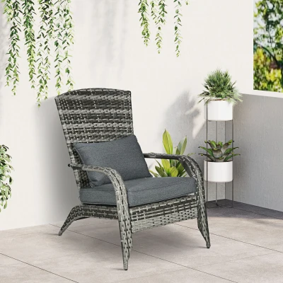 Outsunny Wicker Adirondack Chair, Outdoor Rattan with Cushions, Gray