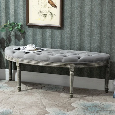 HOMCOM Vintage Semi-Circle End of Bed Bench, Gray Velvet Upholstered