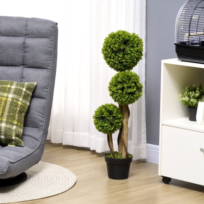 HOMCOM 3FT Potted Fake Plant, Artificial Boxwood Topiary Tree, Triple Ball Tree for Indoor and Outdoor, Green