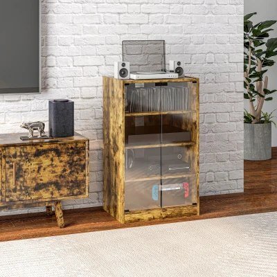 HOMCOM 5-Tier Media Cabinet with Glass Doors, Rustic Brown