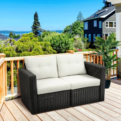 Outsunny 2-Piece Patio Wicker Sofa Set, Outdoor Beige