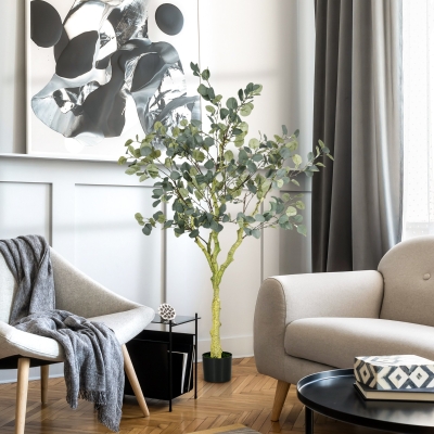 HOMCOM 5ft Artificial Tree, Indoor Fake Eucalyptus with White Tender Tips and Pot, for Home, Office, and Living Room Decor