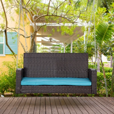 Outsunny 2-Person Wicker Swing Bench, Sky Blue with Cushions