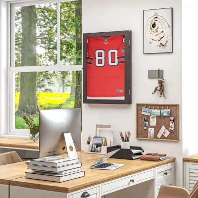 HOMCOM 24" Jersey Display Case, Wall-Mounted Shadow Box, Cherry Brown