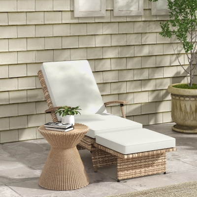 Outsunny Outdoor Wicker Foldable Recliner Chair with Retractable Footrest, Cushion, White
