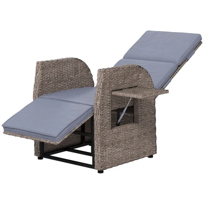 Outsunny Outdoor Recliner Chair with Adjustable Backrest & Footrest, Cushion, Side Tray, Grey
