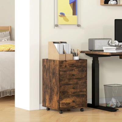 HOMCOM 3-Drawer Mobile File Cabinet with Top Tray, Brown