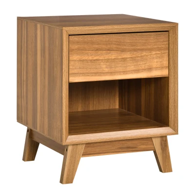 HOMCOM Bedside Table for Bedroom, Nightstand with Drawer and Shelf, Modern Side End Table, Walnut Brown