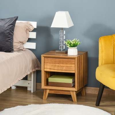 HOMCOM Bedside Table for Bedroom, Nightstand with Drawer and Shelf, Modern Side End Table, Walnut Brown
