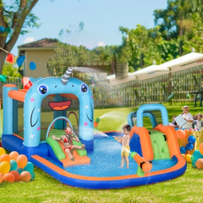 Outsunny 13.8 x 12FT Large Inflatable Water Slide Bouncy Castle, Narwhals Style Kids Bounce House with 450W Blower, Slide, Trampoline, Pool, Water Cannons, Climbing Wall, Carry Bag