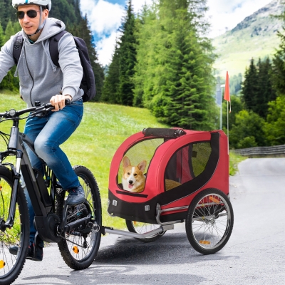 Aosom Dog Bike Trailer, Pet Cart Bicycle, Wagon Cargo Carrier Attachment with Hitch, Reflectors, Flag for Medium Dogs, Pet Wheelchair for Travelling, Red