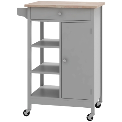 HOMCOM Modern Rolling Kitchen Island Cart with Drawer, Natural Wood Top, Towel Rack, Door Storage Cabinet, Grey