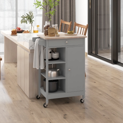 HOMCOM Modern Rolling Kitchen Island Cart with Drawer, Natural Wood Top, Towel Rack, Door Storage Cabinet, Grey