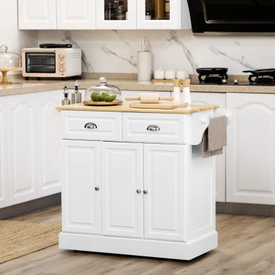 HOMCOM Kitchen Island Cart with Drawers, Triple-Cabinet, White