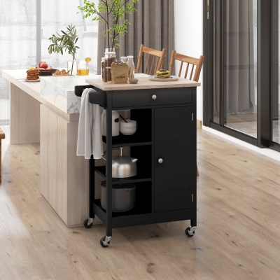 HOMCOM Modern Rolling Kitchen Island Cart with Drawer, Natural Wood Top, Towel Rack, Door Storage Cabinet, Black