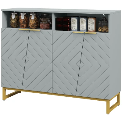 HOMCOM Accent Sideboards, Kitchen Storage Cabinet with 4 Doors, Adjustable Shelves, Metal Base for Living Room, Hallway, Grey