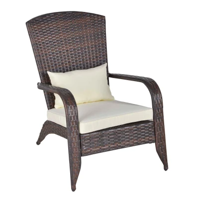 Outsunny Patio Wicker Adirondack Chair, Outdoor PE Rattan Fire Pit Chair, Muskoka Chair w/ Soft Cushions, Tall Curved Backrest and Comfortable Armrests for Deck or Garden, White