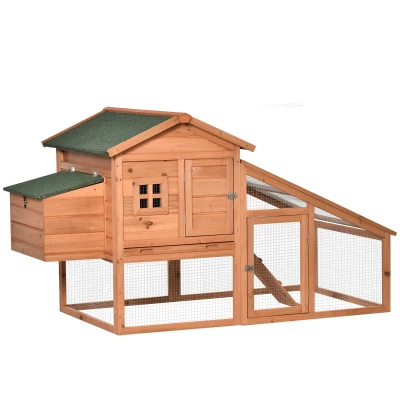 PawHut 69" Chicken Coop Wooden Hen House Rabbit Hutch Poultry Cage Pen Outdoor Backyard with Outdoor Run Resting Nesting Box Removable Tray Waterproof Asphalt Roof Lockable Door Yellow and Green